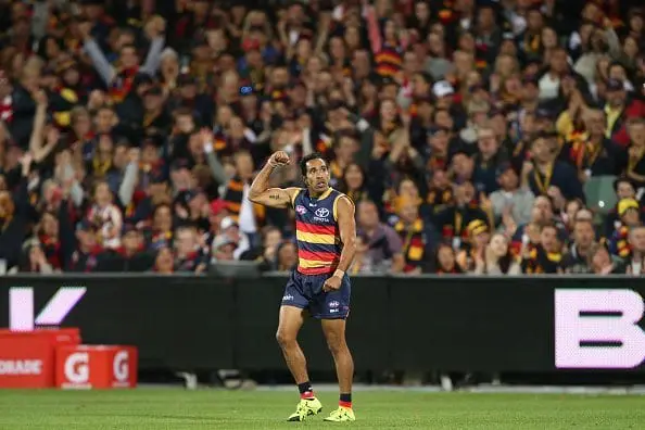 ADELAIDE, AUSTRALIA - APRIL 16: Eddie Betts of the Crows celebrates a goal during the 2016 AFL Round 04 match between the Adelaide Crows and the Sydney Swans at the Adelaide Oval on April 16, 2016 in Adelaide, Australia. (Photo by James Elsby/AFL Media/Getty Images)
