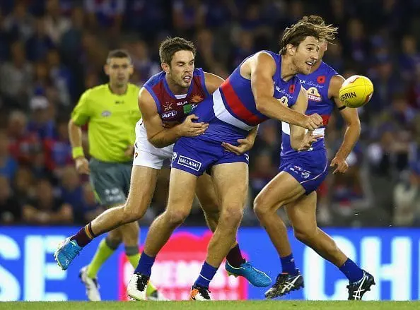 during the round five AFL match between the Western Bulldogs and the Brisbane Lions at Etihad Stadium on April 23, 2016 in Melbourne, Australia.