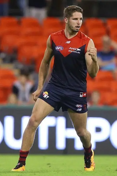 GOLD COAST, AUSTRALIA - MAY 07: Jesse Hogan of the Demons celebrates a goal during the round seven AFL match between the Gold Coast Suns and the Melbourne Demons at Metricon Stadium on May 7, 2016 in Gold Coast, Australia. (Photo by Chris Hyde/Getty Images)