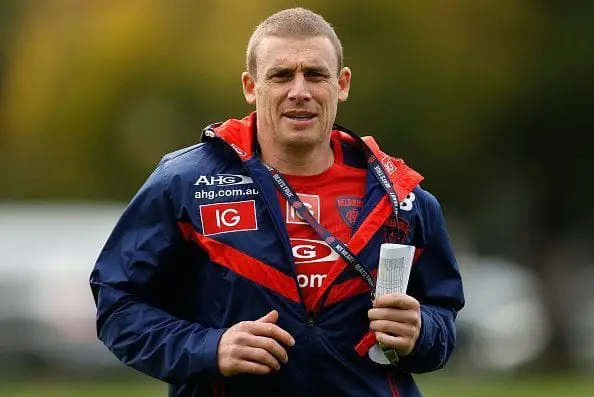 MELBOURNE, AUSTRALIA - MAY 11: Simon Goodwin, Senior Assistant Coach of the Demons looks on during a Melbourne Demons training session at Gosch's Paddock on May 11, 2016 in Melbourne, Australia. (Photo by Michael Willson/AFL Media/Getty Images)