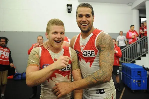 GOLD COAST, AUSTRALIA - JUNE 04: Lance Franklin of the Swans celebrates after the 2016 AFL Round 11 match between the Gold Coast Suns and the Sydney Swans at Metricon Stadium on June 4, 2016 in Gold Coast, Australia. (Photo by Matt Roberts/AFL Media)