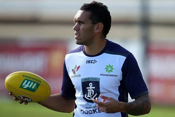 FREMANTLE, WESTERN AUSTRALIA - APRIL 05: Harley Bennell of the Dockers looks on during Fremantle Dockers AFL training session at Fremantle Oval on April 5, 2016 in Fremantle, Australia. (Photo by Paul Kane/Getty Images)