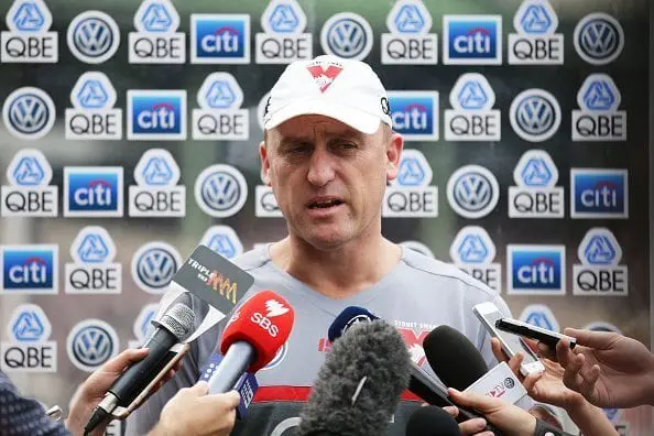 SYDNEY, AUSTRALIA - JULY 19: Swans head coach John Longmire speaks to the media during a Sydney Swans AFL training session at Sydney Cricket Ground on July 19, 2016 in Sydney, Australia. (Photo by Matt King/Getty Images)