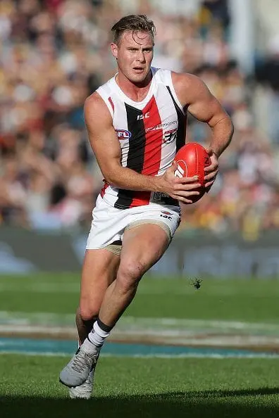 PERTH, WESTERN AUSTRALIA - MAY 15: David Armitage of the Saints looks to pass the ball during the round eight AFL match between the West Coast Eagles and the St Kilda Saints at Domain Stadium on May 15, 2016 in Perth, Australia. (Photo by Will Russell/AFL Media/Getty Images)