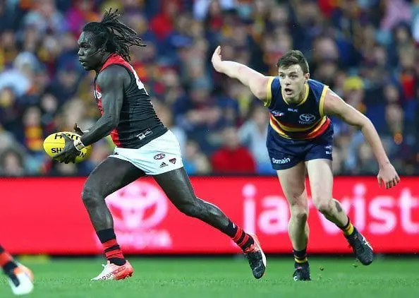 ADELAIDE, AUSTRALIA - JULY 31: Anthony McDonald-Tipungwuti of the Bombers runs with the ball during the round 19 AFL match between the Adelaide Crows and the Essendon Bombers at Adelaide Oval on July 31, 2016 in Adelaide, Australia. (Photo by Scott Barbour/Getty Images)
