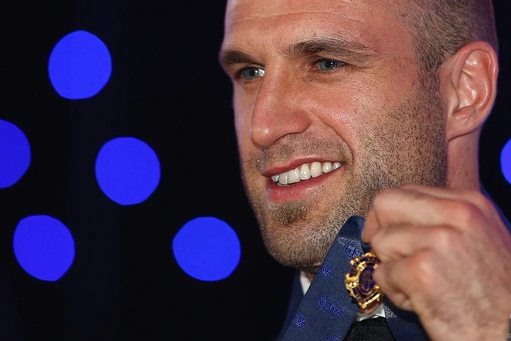 MELBOURNE, AUSTRALIA - SEPTEMBER 20: Chris Judd of the Blues poses with the 2010 AFL Brownlow Medal at the 2010 AFL Brownlow Medal at Crown Entertainment Complex on September 20, 2010 in Melbourne, Australia. (Photo by Quinn Rooney/Getty Images)