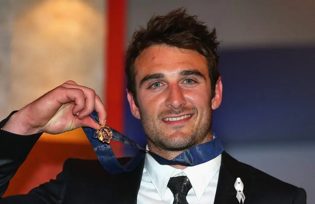 MELBOURNE, AUSTRALIA - SEPTEMBER 24: Jobe Watson of the Bombers poses with the Brownlow Medal during the 2012 Brownlow Medal at Crown Palladium on September 24, 2012 in Melbourne, Australia. (Photo by Quinn Rooney/Getty Images)