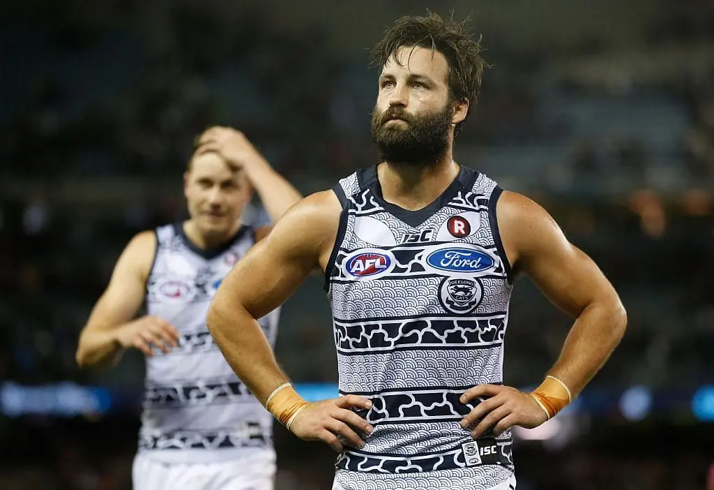 MELBOURNE, AUSTRALIA - MAY 29: Jimmy Bartel of the Cats looks dejected after a loss during the 2016 AFL Round 10 match between the Carlton Blues and the Geelong Cats at Etihad Stadium on May 29, 2016 in Melbourne, Australia. (Photo by Michael Willson/AFL Media/Getty Images)