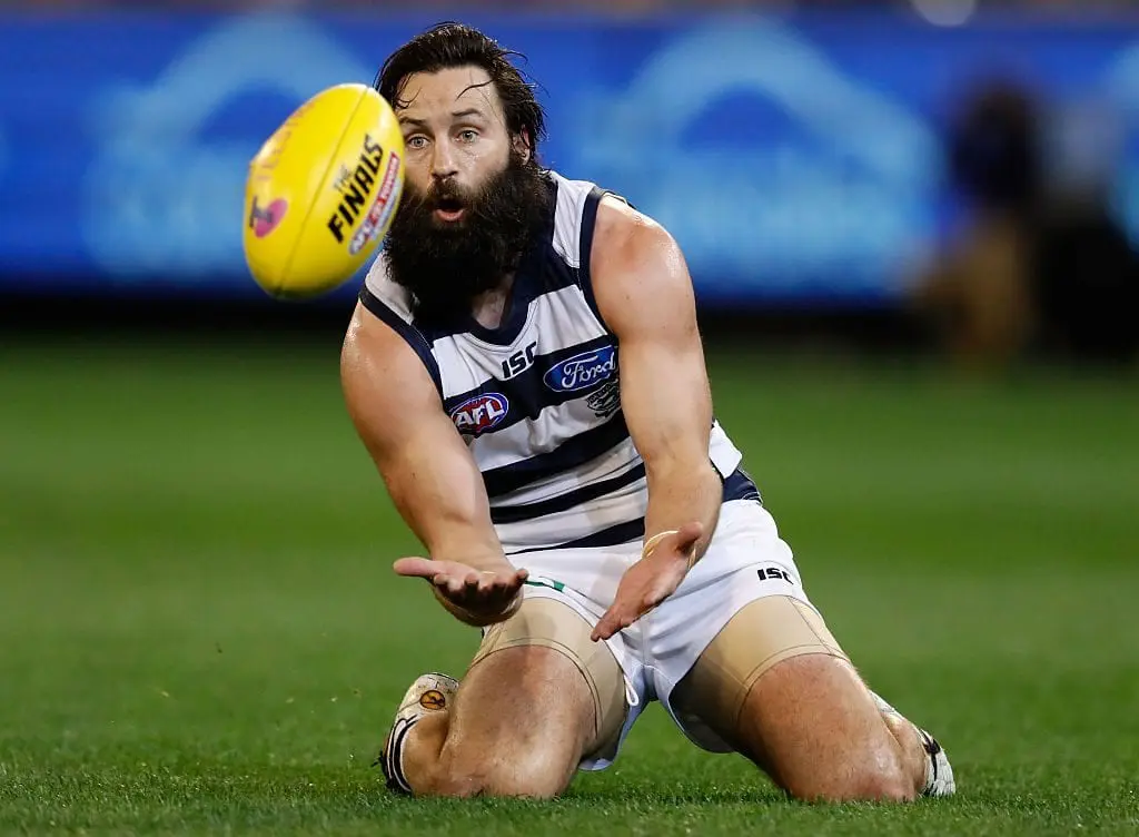 Jimmy Bartel of the Cats marks the ball during the 2016 AFL Second Qualifying Final match between the Geelong Cats and the Hawthorn Hawks at the Melbourne Cricket Ground on September 09, 2016 in Melbourne, Australia. (Photo by Adam Trafford/AFL Media/Getty Images)