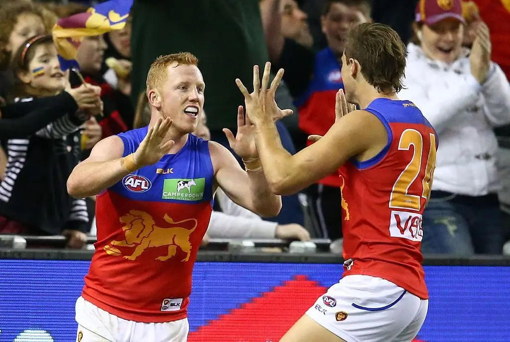 Josh Green of the Lions celebrates after kicking a goal during the round 18 AFL match between the Essendon Bombers and the Brisbane Lions at Etihad Stadium on July 24, 2016 in Melbourne, Australia. (Photo by Scott Barbour/Getty Images)
