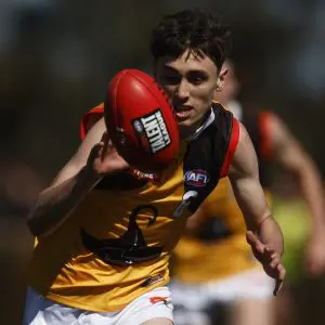 MELBOURNE, AUSTRALIA - SEPTEMBER 03: Noah Hibbins-Hargreaves of the Stingrays in action during the Coates Talent League Boys Wildcard Round match between Gippsland Power and Dandenong Stingrays at La Trobe University Sports Fields on September 03, 2023 in Melbourne, Australia. (Photo by Daniel Pockett/AFL Photos/via Getty Images)