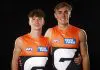 The young Giants ready to break selection barrier as senior stars battle setbacks MELBOURNE, AUSTRALIA - NOVEMBER 20: Phoenix Gothard (L) and James Leake of the Giants pose for a photograph during the 2023 AFL Draft at Marvel Stadium on November 20, 2023 in Melbourne, Australia. (Photo by Daniel Pockett/Getty Images)
