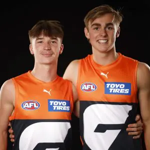 MELBOURNE, AUSTRALIA - NOVEMBER 20: Phoenix Gothard (L) and James Leake of the Giants pose for a photograph during the 2023 AFL Draft at Marvel Stadium on November 20, 2023 in Melbourne, Australia. (Photo by Daniel Pockett/Getty Images)