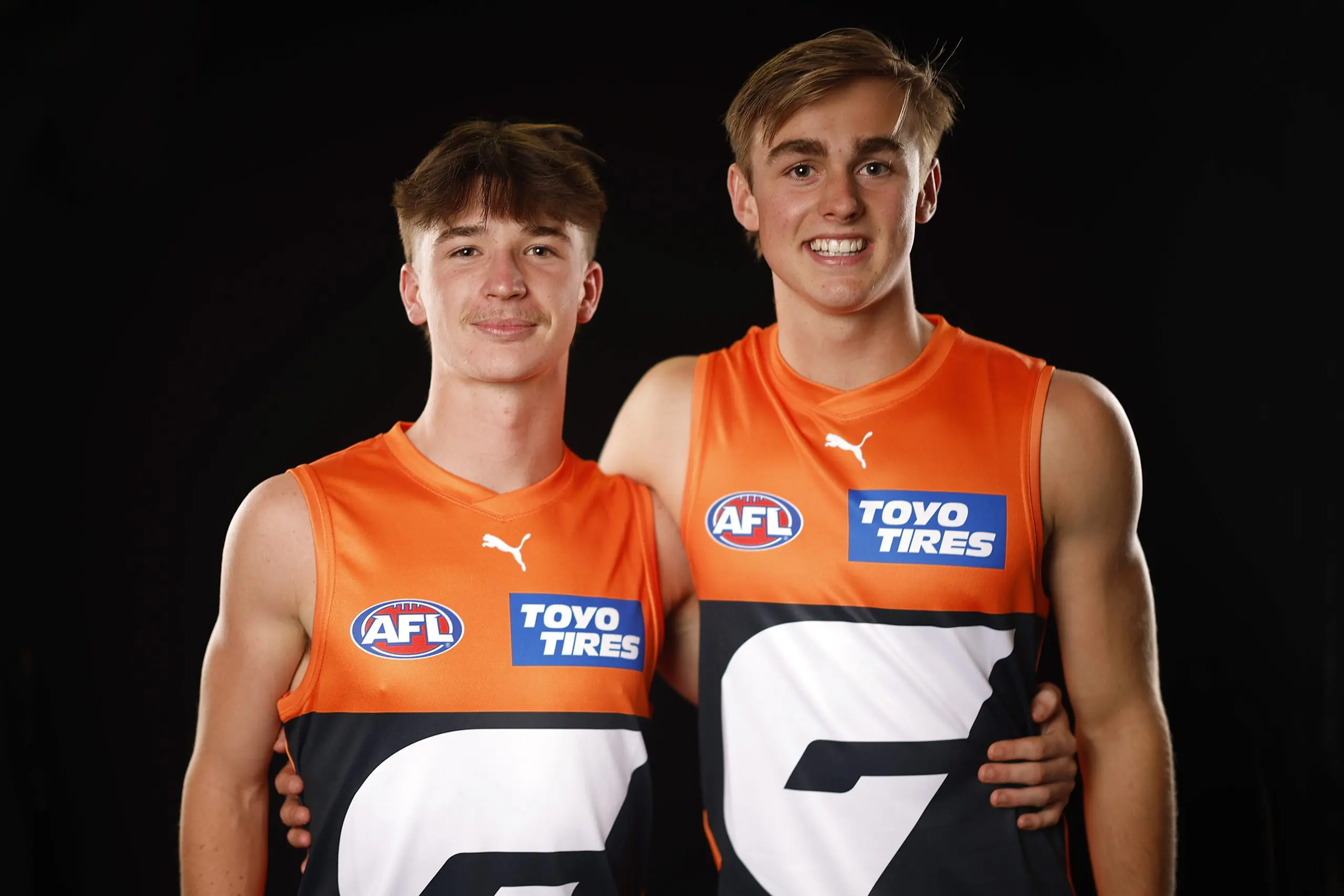 MELBOURNE, AUSTRALIA - NOVEMBER 20: Phoenix Gothard (L) and James Leake of the Giants pose for a photograph during the 2023 AFL Draft at Marvel Stadium on November 20, 2023 in Melbourne, Australia. (Photo by Daniel Pockett/Getty Images)