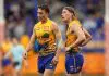PERTH, AUSTRALIA - JULY 14: Brady Hough and Harley Reid of the Eagles look on during the round 18 AFL match between West Coast Eagles and Brisbane Lions at Optus Stadium, on July 14, 2024, in Perth, Australia. (Photo by Paul Kane/Getty Images)