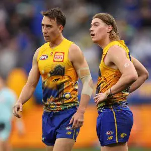 PERTH, AUSTRALIA - JULY 14: Brady Hough and Harley Reid of the Eagles look on during the round 18 AFL match between West Coast Eagles and Brisbane Lions at Optus Stadium, on July 14, 2024, in Perth, Australia. (Photo by Paul Kane/Getty Images)