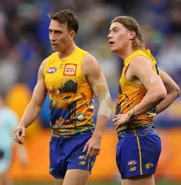 PERTH, AUSTRALIA - JULY 14: Brady Hough and Harley Reid of the Eagles look on during the round 18 AFL match between West Coast Eagles and Brisbane Lions at Optus Stadium, on July 14, 2024, in Perth, Australia. (Photo by Paul Kane/Getty Images)