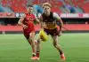 GOLD COAST, AUSTRALIA - FEBRUARY 20: Levi Ashcroft of the Lions in action during the 2025 AFL Match Simulation between Brisbane Lions and the Gold Coast Suns at People First Stadium on February 20, 2025 in the Gold Coast, Australia. (Photo by Russell Freeman/AFL Photos via Getty Images)
