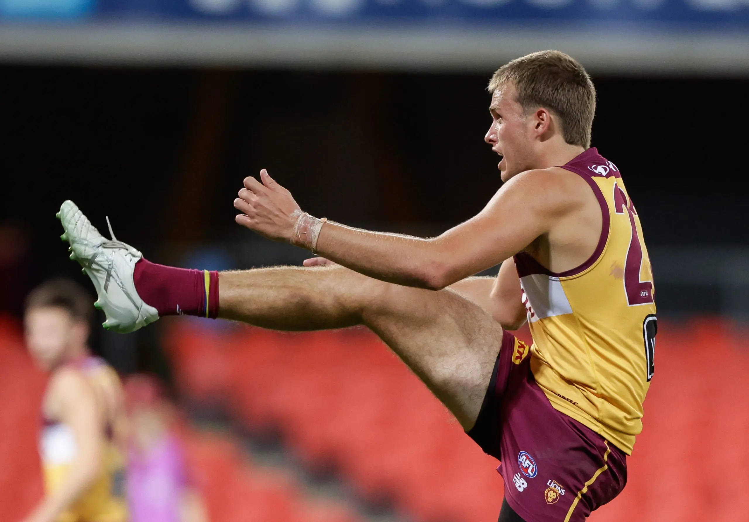 GOLD COAST, AUSTRALIA - FEBRUARY 20: Ty Gallop of the Lions kicks a goal during the 2025 AFL Match Simulation between Brisbane Lions and the Gold Coast Suns at People First Stadium on February 20, 2025 in the Gold Coast, Australia. (Photo by Russell Freeman/AFL Photos via Getty Images)