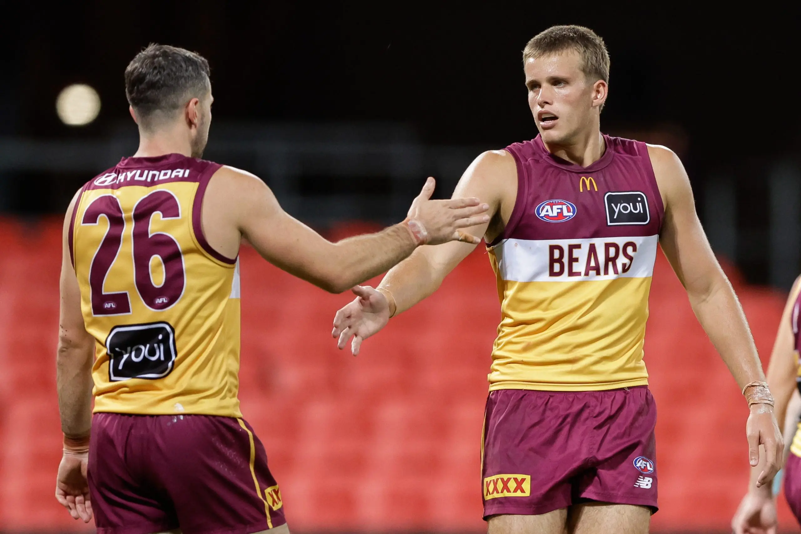 GOLD COAST, AUSTRALIA - FEBRUARY 20: Ty Gallop of the Lions celebrates a goal during the 2025 AFL Match Simulation between Brisbane Lions and the Gold Coast Suns at People First Stadium on February 20, 2025 in the Gold Coast, Australia. (Photo by Russell Freeman/AFL Photos via Getty Images)