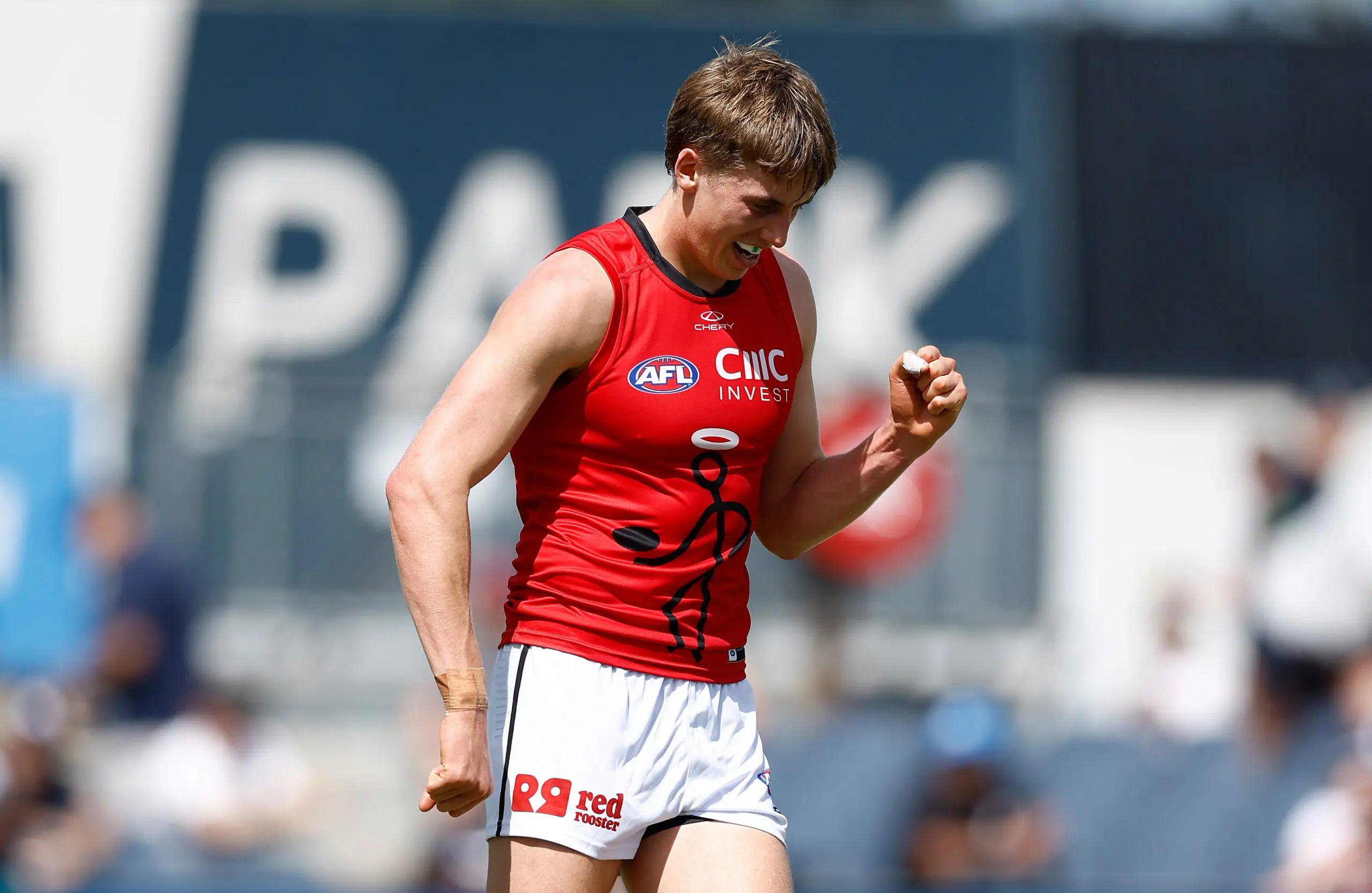 MELBOURNE, AUSTRALIA - FEBRUARY 22: Liam O'Connell of the Saints celebrates a goal during the 2025 AFL match simulation between the Carlton Blues and St Kilda Saints at Ikon Park on February 22, 2025 in Melbourne, Australia. (Photo by Michael Willson/AFL Photos via Getty Images)