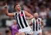 MELBOURNE, AUSTRALIA - FEBRUARY 26: Dan Houston of the Magpies celebrates a goal during the 2025 AFL AAMI Community Series match between the Richmond Tigers and the Collingwood Magpies at Ikon Park on February 26, 2025 in Melbourne, Australia. (Photo by Dylan Burns/AFL Photos via Getty Images)