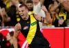 MELBOURNE, AUSTRALIA - MARCH 13: Debutant, Sam Lalor of the Tigers celebrates his first league goal during the 2025 AFL Round 01 match between the Richmond Tigers and the Carlton Blues at the Melbourne Cricket Ground on March 13, 2025 in Melbourne, Australia. (Photo by Michael Willson/AFL Photos)
