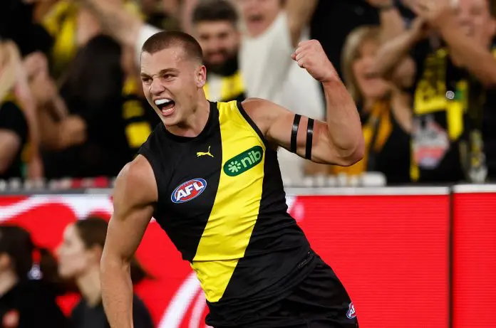 MELBOURNE, AUSTRALIA - MARCH 13: Debutant, Sam Lalor of the Tigers celebrates his first league goal during the 2025 AFL Round 01 match between the Richmond Tigers and the Carlton Blues at the Melbourne Cricket Ground on March 13, 2025 in Melbourne, Australia. (Photo by Michael Willson/AFL Photos)