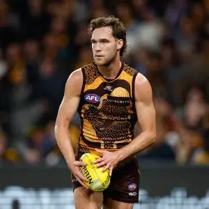 MELBOURNE, AUSTRALIA - MAY 26: Jack Scrimshaw of the Hawks looks on during the 2024 AFL Round 11 match between the Hawthorn Hawks and the Brisbane Lions at Marvel Stadium on May 26, 2024 in Melbourne, Australia. (Photo by Dylan Burns/AFL Photos via Getty Images)