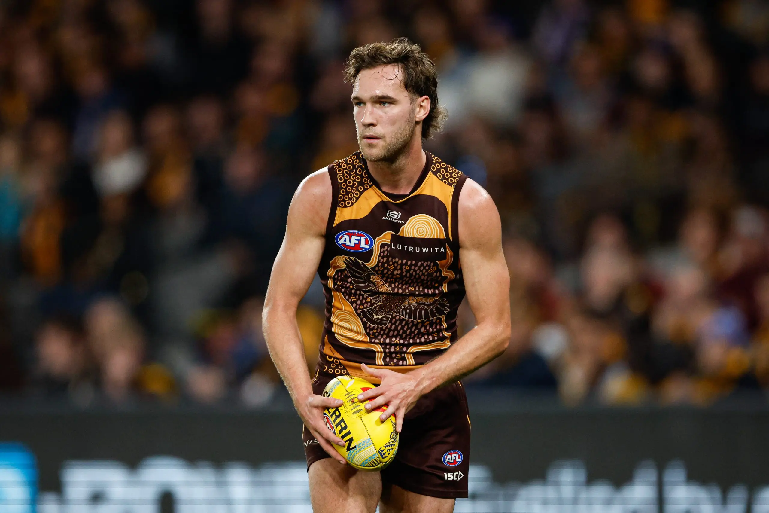 MELBOURNE, AUSTRALIA - MAY 26: Jack Scrimshaw of the Hawks looks on during the 2024 AFL Round 11 match between the Hawthorn Hawks and the Brisbane Lions at Marvel Stadium on May 26, 2024 in Melbourne, Australia. (Photo by Dylan Burns/AFL Photos via Getty Images)