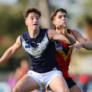 ADELAIDE, AUSTRALIA - June 30: Louis Emmett of Victoria Metro and Charlie West of South Australiaduring the 2024 Marsh AFL Championships U18 Boys match between South Australia and Victoria Metro at Alberton Oval on June 30, 2024 in Adelaide, Australia. (Photo by Sarah Reed/AFL Photos via Getty Images)