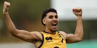 PERTH, AUSTRALIA - JUNE 29: Wesley Walley of Western Australia celebrates after kicking a goal during the Marsh AFL National Championships match between U18 Boys Western Australia and Victoria Country at Revo Fitness Stadium on June 29, 2024 in Perth, Australia. (Photo by Will Russell/AFL Photos/via Getty Images)
