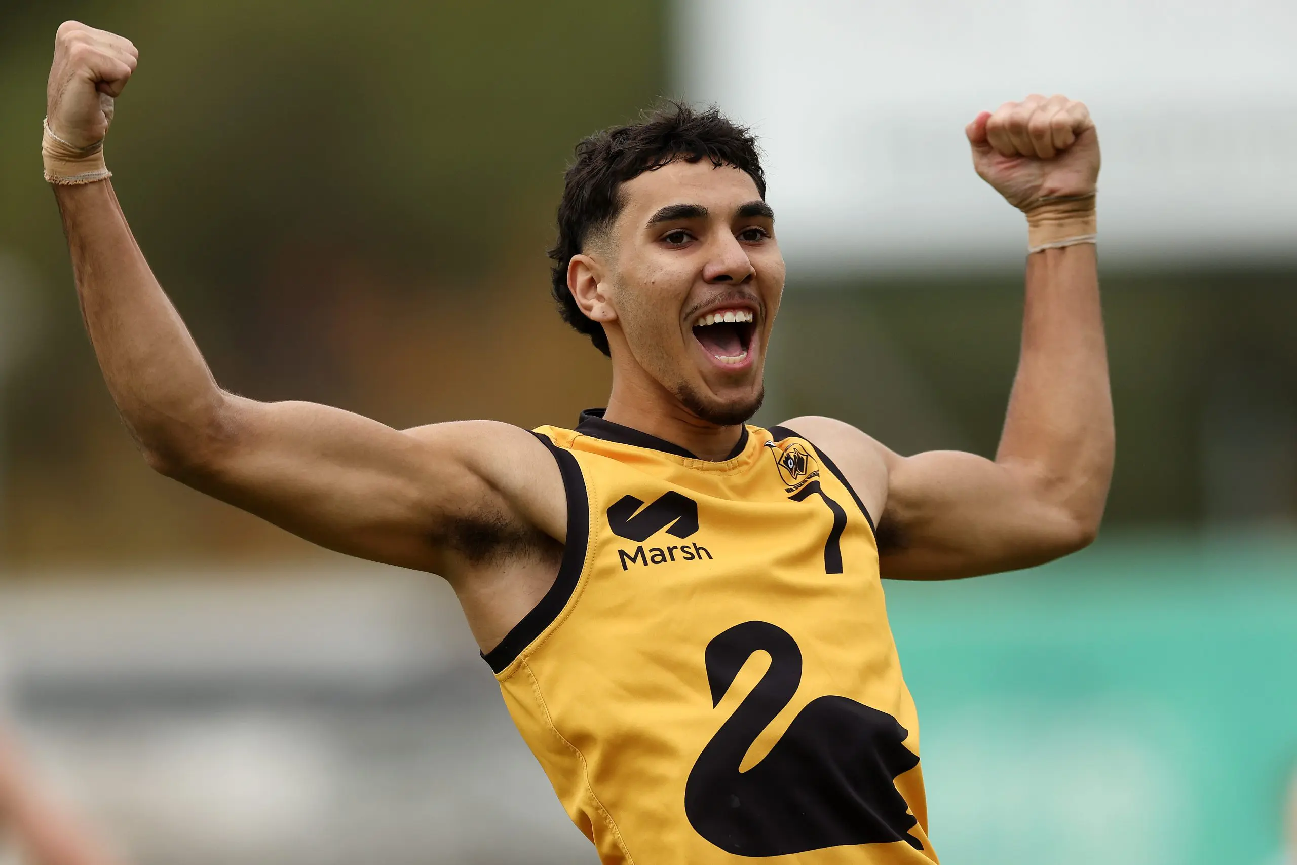 PERTH, AUSTRALIA - JUNE 29: Wesley Walley of Western Australia celebrates after kicking a goal during the Marsh AFL National Championships match between U18 Boys Western Australia and Victoria Country at Revo Fitness Stadium on June 29, 2024 in Perth, Australia. (Photo by Will Russell/AFL Photos/via Getty Images)