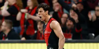 MELBOURNE, AUSTRALIA - AUGUST 10: Jye Caldwell of the Bombers celebrates a goal during the 2024 AFL Round 22 match between the Essendon Bombers and the Gold Coast SUNS at Marvel Stadium on August 10, 2024 in Melbourne, Australia. (Photo by Michael Willson/AFL Photos via Getty Images)