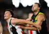 MELBOURNE, AUSTRALIA - AUG 11: Rowan Marshall of the Saints and Toby Nankervis of the Tigers compete in a ruck contest during the 2024 AFL Round 22 match between the Richmond Tigers and the St Kilda Saints at Marvel Stadium on August 11, 2024 in Melbourne, Australia. (Photo by Dylan Burns/AFL Photos via Getty Images)
