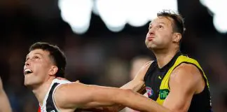 MELBOURNE, AUSTRALIA - AUG 11: Rowan Marshall of the Saints and Toby Nankervis of the Tigers compete in a ruck contest during the 2024 AFL Round 22 match between the Richmond Tigers and the St Kilda Saints at Marvel Stadium on August 11, 2024 in Melbourne, Australia. (Photo by Dylan Burns/AFL Photos via Getty Images)