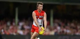 SYDNEY, AUSTRALIA - AUGUST 24: James Jordon of the Swans during the round 24 AFL match between Sydney Swans and Adelaide Crows at Sydney Cricket Ground on August 24, 2024 in Sydney, Australia. (Photo by Jason McCawley/AFL Photos/via Getty Images)