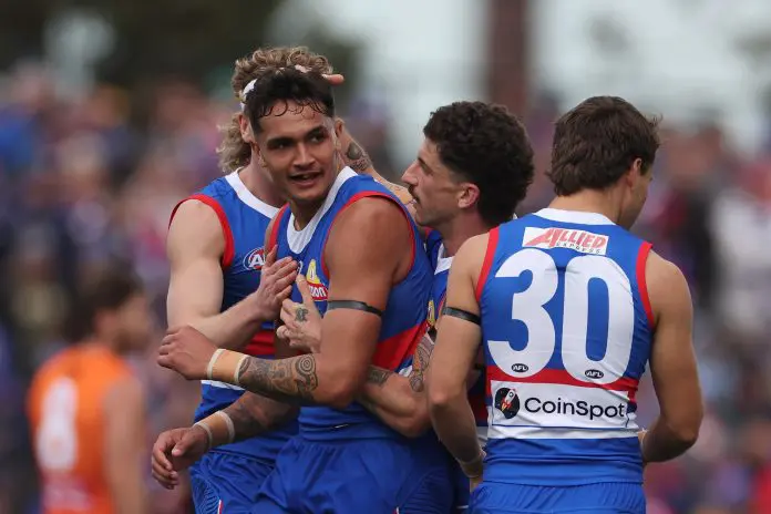 BALLARAT, AUSTRALIA - AUGUST 25: Jamarra Ugle-Hagan of the Bulldogs is congratulated by w21during the round 24 AFL match between Western Bulldogs and Greater Western Sydney Giants at Mars Stadium, on August 25, 2024, in Ballarat, Australia. (Photo by Daniel Pockett/Getty Images)