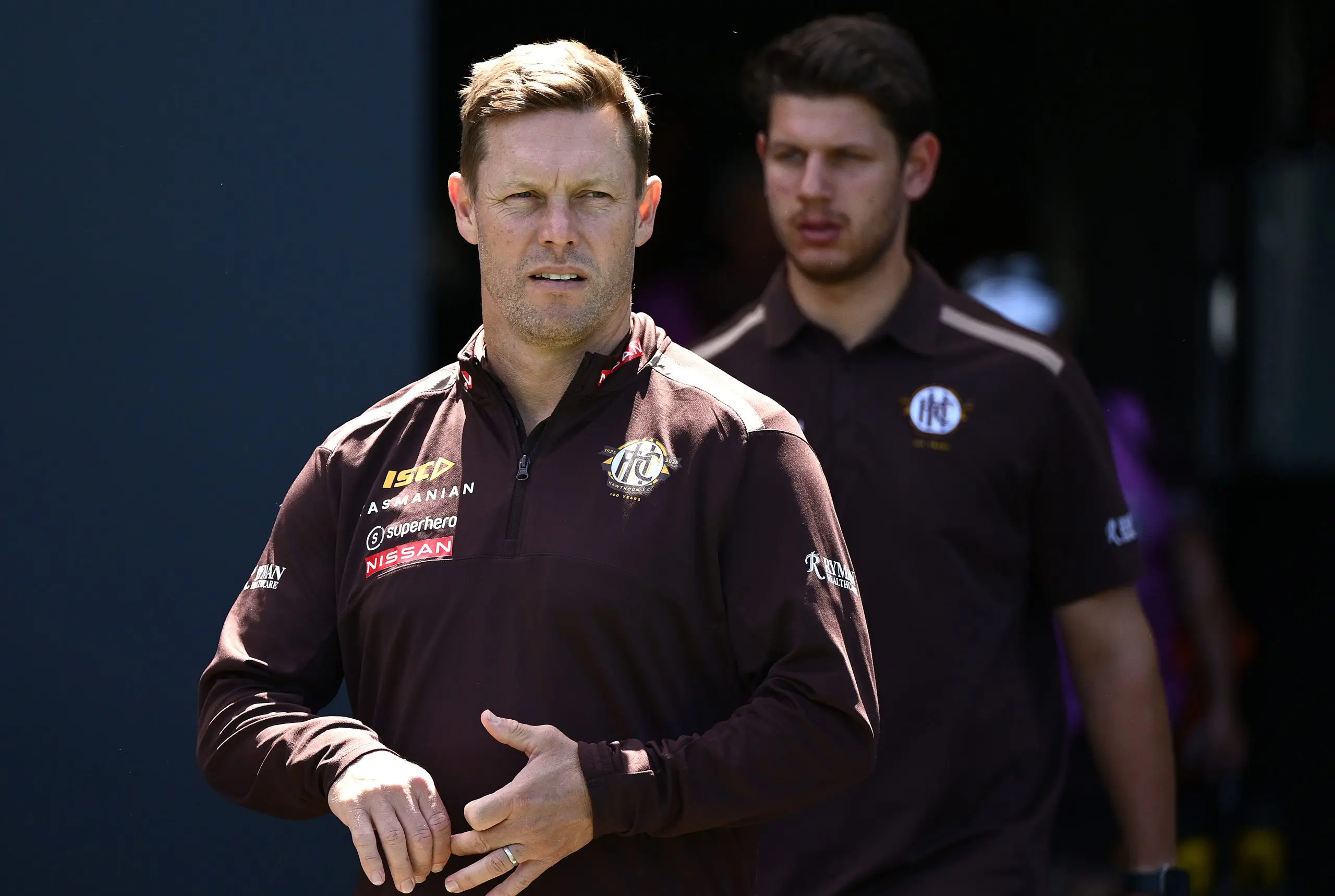 GEELONG, AUSTRALIA - FEBRUARY 17: Sam Mitchell the coach of the Hawks looks o during the AFL practice match between Geelong Cats and Hawthorn Hawks at GMHBA Stadium on February 17, 2025 in Geelong, Australia. (Photo by Quinn Rooney/Getty Images)