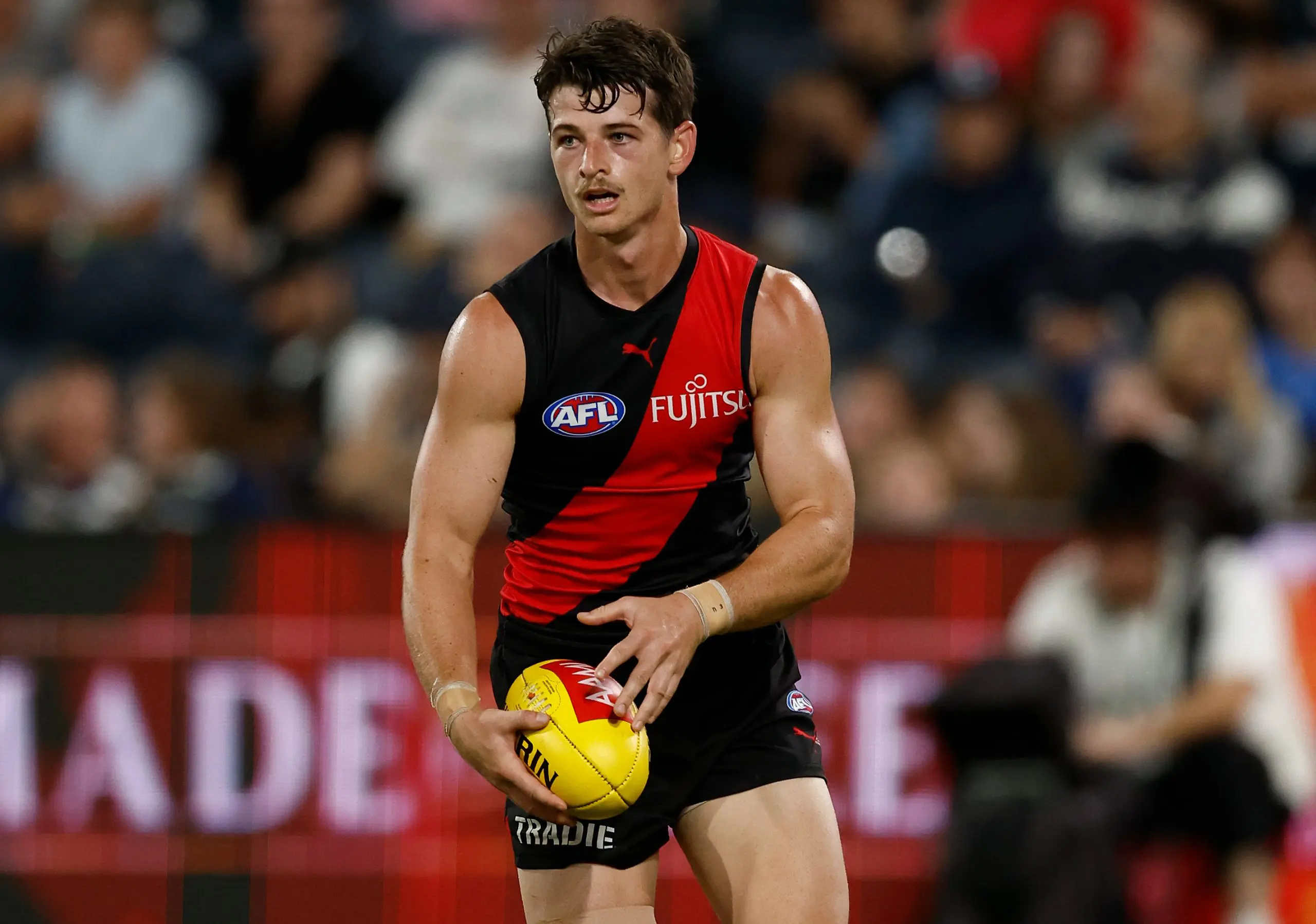GEELONG, AUSTRALIA - FEBRUARY 25: Jaxon Prior of the Bombers in action during the 2025 AFL AAMI Community Series match between the Geelong Cats and the Essendon Bombers at GMHBA Stadium on February 25, 2025 in Geelong, Australia. (Photo by Michael Willson/AFL Photos via Getty Images)