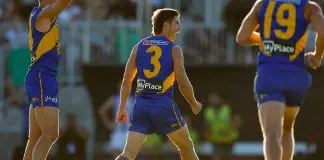 PERTH, AUSTRALIA - MARCH 01:  Liam Baker of the Eagles celebrates the winning goal during the 2025 AAMI AFL Community Series match between West Coast Eagles and North Melbourne Kangaroos at Hands Oval on March 01, 2025 in Bunbury, Australia. (Photo by James Worsfold/Getty Images)