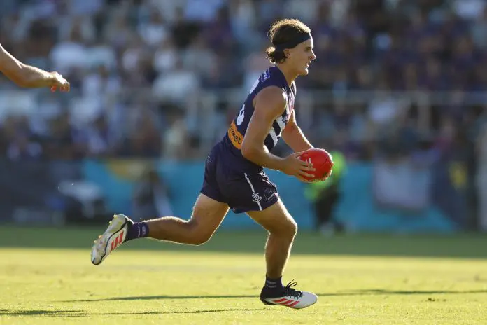 PERTH, AUSTRALIA - MARCH 02: Murphy Reid of the Dockers runs across the ground during the 2025 AAMI AFL Community Series match between Fremantle Dockers and Melbourne Demons at Rushton Park on March 02, 2025 in Mandurah, Australia. (Photo by James Worsfold/AFL Photos/via Getty Images)