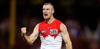 SYDNEY, AUSTRALIA - MARCH 07: Chad Warner of the Swans celebrates during the 2025 AFL Opening Round match between the Sydney Swans and the Hawthorn Hawks at the Sydney Cricket Ground on March 7, 2025 in Sydney, Australia. (Photo by Michael Willson/AFL Photos via Getty Images)