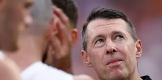 SYDNEY, AUSTRALIA - MARCH 09: Craig McRae, Senior Coach of the Magpies addresses his players during the 2025 AFL Opening Round match between the GWS Giants and the Collingwood Magpies at ENGIE Stadium on March 9, 2025 in Sydney, Australia. (Photo by Dylan Burns/AFL Photos via Getty Images)