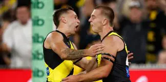MELBOURNE, AUSTRALIA - MARCH 13: Rhyan Mansell (left) and Sam Lalor of the Tigers celebrate during the 2025 AFL Round 01 match between the Richmond Tigers and the Carlton Blues at the Melbourne Cricket Ground on March 13, 2025 in Melbourne, Australia. (Photo by Michael Willson/AFL Photos via Getty Images)