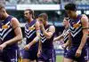 GEELONG, AUSTRALIA - MARCH 15: Sam Switkowski of the Dockers looks dejected at the half-time break during the 2025 AFL Round 01 match between the Geelong Cats and the Fremantle Dockers at GMHBA Stadium on March 15, 2025 in Geelong, Australia. (Photo by Michael Willson/AFL Photos via Getty Images)