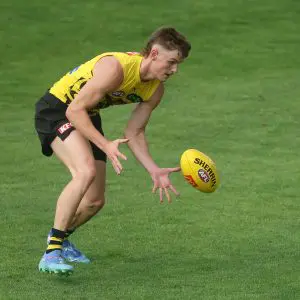 MELBOURNE, AUSTRALIA - MARCH 12: Luke Trainor of the Tigers competes during a Richmond Tigers AFL training session at Punt Road Oval on March 12, 2025 in Melbourne, Australia. (Photo by Daniel Pockett/Getty Images)