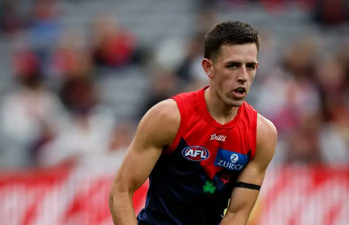 MELBOURNE, AUSTRALIA - MARCH 16: Melbourne Demons debutant Xavier Lindsay in action during the 2025 AFL Round 01 match between the Melbourne Demons and the GWS Giants at the Melbourne Cricket Ground on March 16, 2025 in Melbourne, Australia. (Photo by Dylan Burns/AFL Photos via Getty Images)