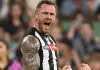 MELBOURNE, AUSTRALIA - MARCH 15: Tim Membrey of the Magpies celebrates kicking a goal during the round one AFL match between Collingwood Magpies and Port Adelaide Power at Melbourne Cricket Ground, on March 15, 2025, in Melbourne, Australia. (Photo by Quinn Rooney/Getty Images)
