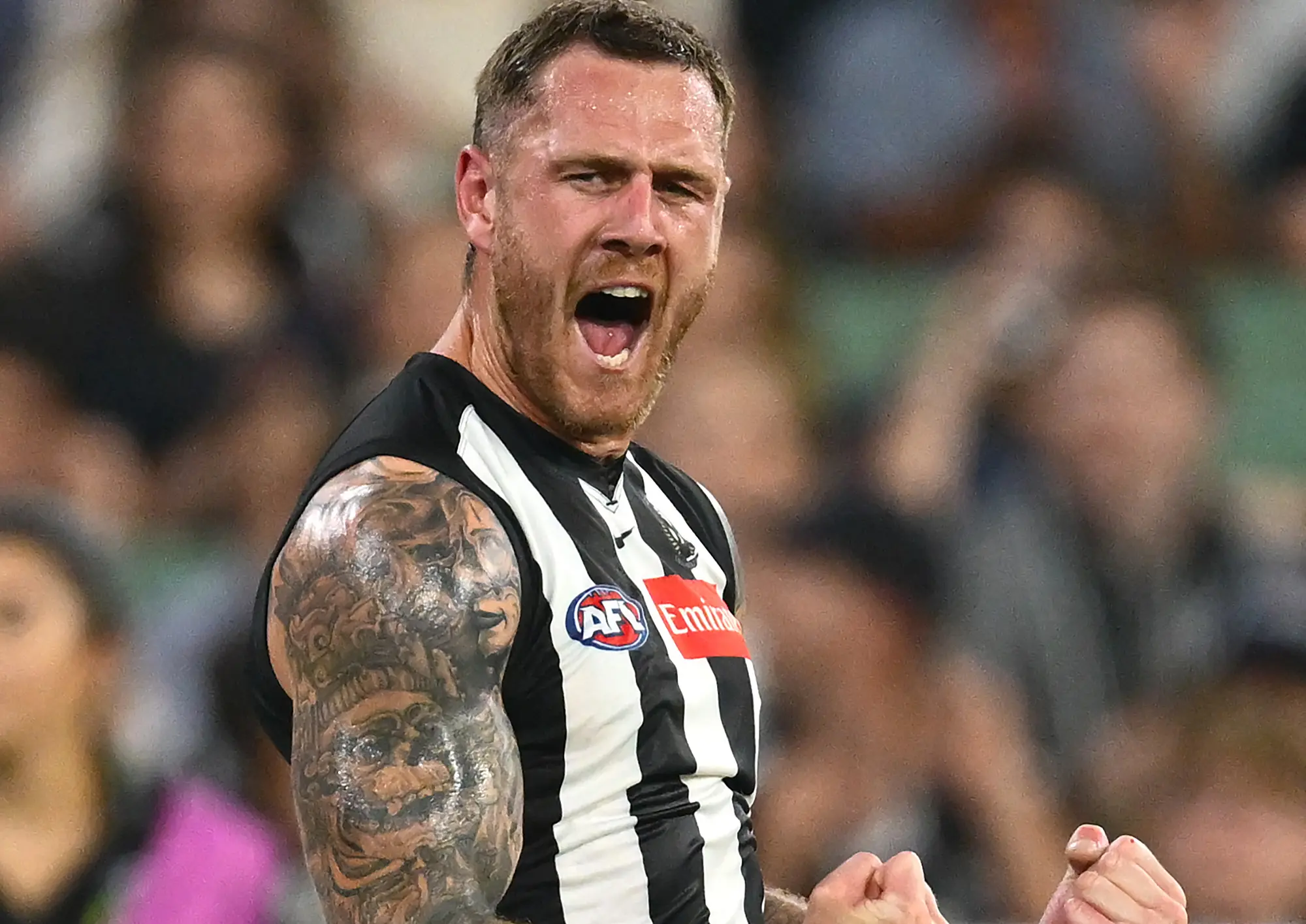 MELBOURNE, AUSTRALIA - MARCH 15: Tim Membrey of the Magpies celebrates kicking a goal during the round one AFL match between Collingwood Magpies and Port Adelaide Power at Melbourne Cricket Ground, on March 15, 2025, in Melbourne, Australia. (Photo by Quinn Rooney/Getty Images)